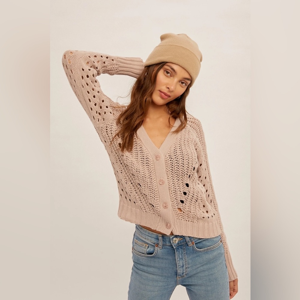 NWT Hem & Thread Pointelle V-Neck Button Down Cropped Cardigan - Picture 6 of 17